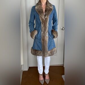 BCBGMaxAzria Rabbit Fur Trimmed Denim Jean Coat Size S